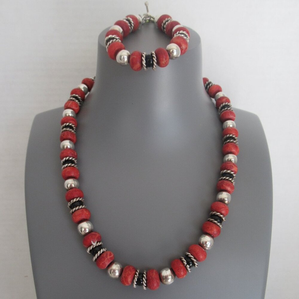 Sterling Silver, Natural Sponge Coral & Onyx Necklace and Bracelet Set - Mexico